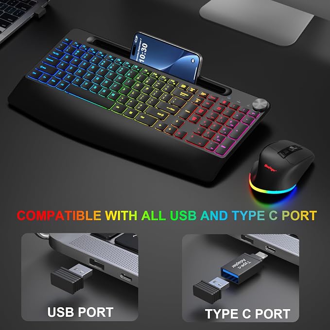 BlueFinger Wireless Keyboard and Mouse Combo Backlit, 2.4G Rechargeable Ergonomic Gaming Keyboard with Wrist Rest, Phone Holder, Volume Knob, Silent Light Up Keyboard with Mouse for Computer Laptop