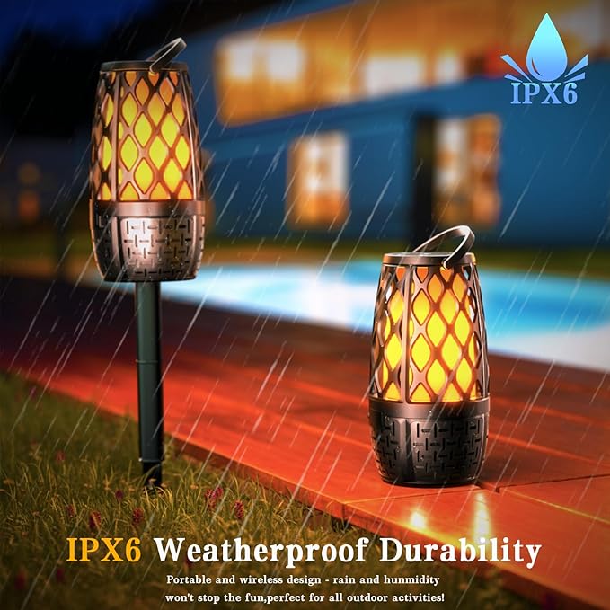 KANAD Outdoor Speakers Bluetooth with Flame Lights, IP65 Waterproof, HD Stereo Sound 100 Speaker Connection Sync - Gifts for Men, Dad