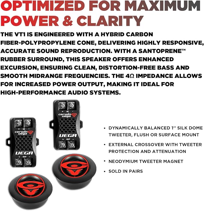 CERWIN-VEGA! VT1 1" Vega 180 Watts 4 Ohm Silk Dome Tweeters (Pair)