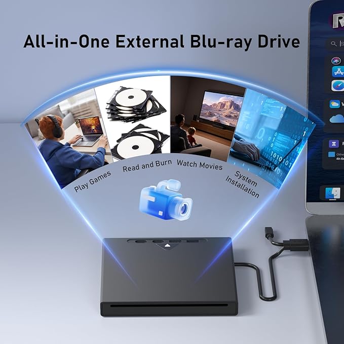External Blu Ray Drive for Laptop, 7 in 1 Support 100G Disc Read/Write Bluray Drives, Portable External Bluray/DVD Drive for PC with USB 3.0 Type-C, 3D Blu Ray Burner with Bag for Windows MacOS Linux