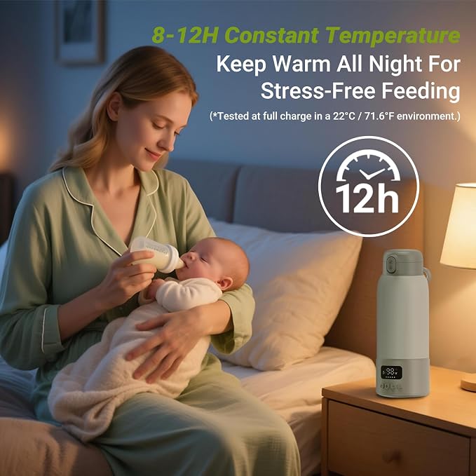 Portable Bottle Warmer, 17oz Large Capacity Milk Warmer for Baby, Fast Heating for Breast Milk & Formula & Water, Long Battery Life Portable Milk Warmer for Travel with Pasteurization, Green