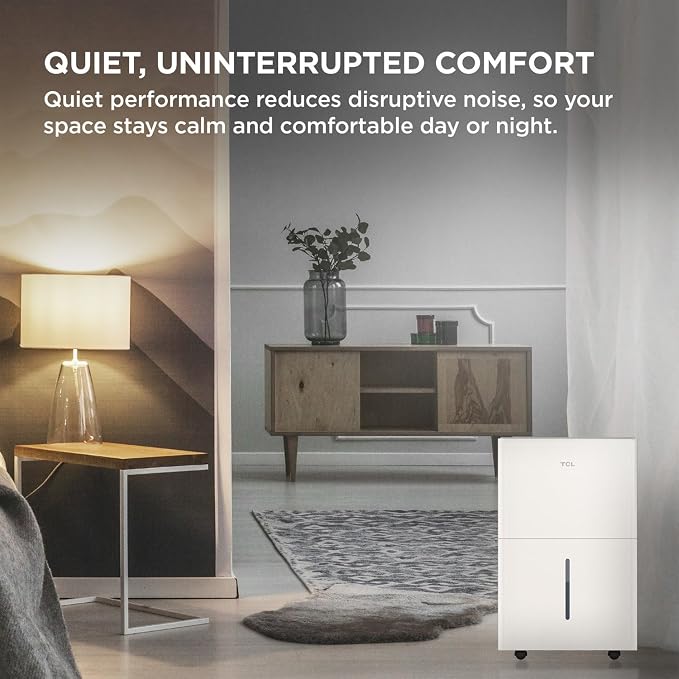 TCL 25-Pint Capacity Quiet, Energy Efficient Portable Dehumidifier, Precise Humidity Control, Bucket or Continuous Drain, Compact Humidity Absorber for Home, Attic, Garage & Rooms up to 2000 Sq Ft