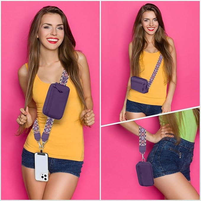 YFWE Clip and Go Strap for Phone with Wallet Crossbody, Adjustable Phone Lanyard with Detachable RFID Wristlet Wallet, Pattern Strap - Dark Purple (L)