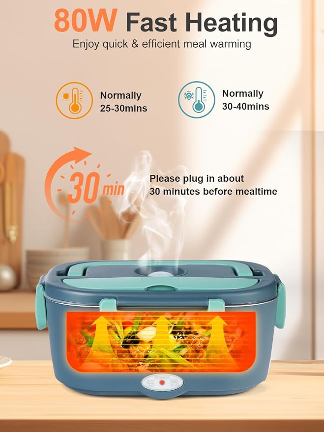 SOHIDA Electric-Lunch-Box-Heated-Food Warmer, 80W Heating Lunchbox for Adults, 2 Pack 1.5L Stainless Steel Containers, 12/24/110V Portable Warmer for Work/Car Lonchera Eléctrica Portátil (Green)