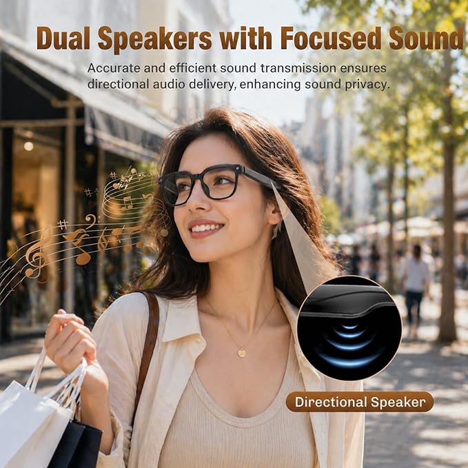 AI Smart Glasses with Camera, 4K HD Video & Photo Capture, Real-Time Translation, Recording Glasses with AI Assistant, Open-Ear Audio, Object Recognition, Bluetooth, for Travel (Transparent Lens)