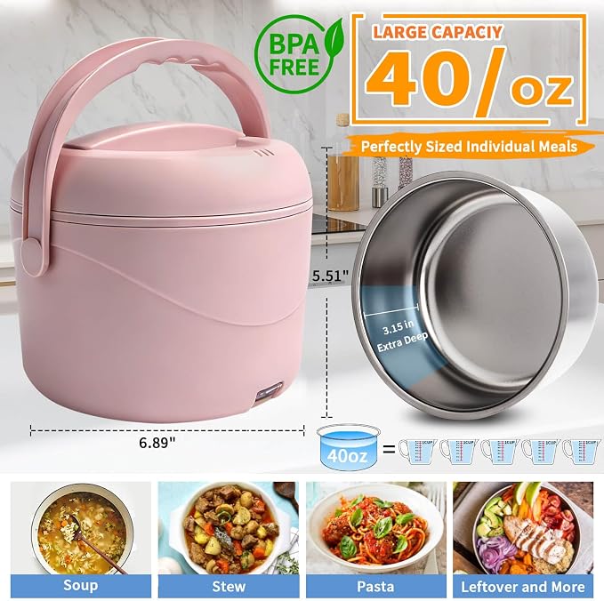 Aotto Electric Lunch Box, 40 oz Portable Food Warmer Heater, Lunch Warmer Portable for Work/Office/Car/Travel 12V/24V/110V 3-in-1, Warming Soup & Meal, Spill-Free, Men & Women's Gifts, Pink