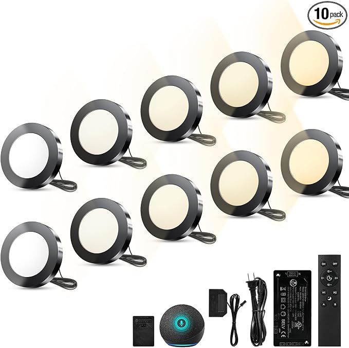 VST Smart Puck Lights, 10 Pack, 3000K-6000K Dimmable Under Cabinet Lighting, Compatible with Alexa & Google Home, App & Remote Control, 12V 2W, Recessed/Surface Mount, Black for Kitchen Display Case