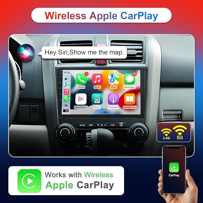 Car Stereo Radio for Honda CRV 2007-2011, 9" Touch Screen Car Radio with Wireless Carplay/Android Auto with WiFi GPS Navigation, Bluetooth, SWC/FM Radio