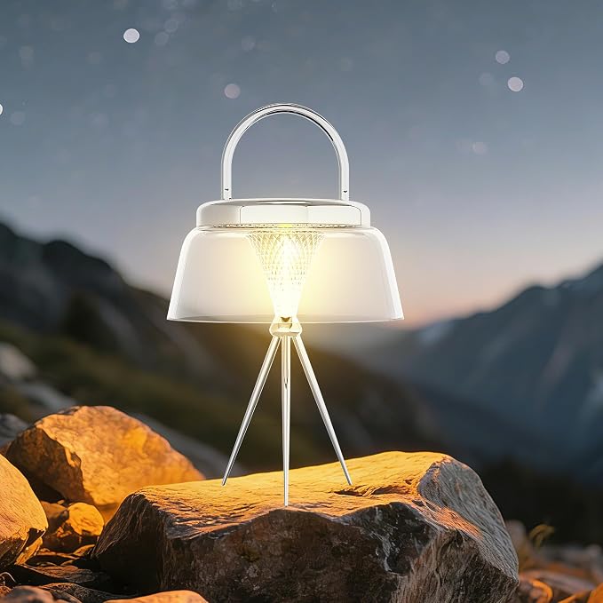 Solar Camping Lantern, Dimmable Warm White 360°COB LED Rechargeable Lantern with USB-C&Solar Charging, IP65 Waterproof Hanging/Tabletop Lamp for Indoor Outdoor, Tent, Patio, Emergency(Silver)