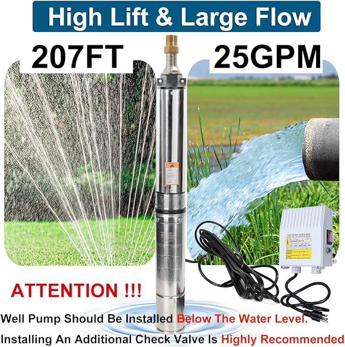 4" Deep Well Submersible Pump, 1/2 HP, 110V, 60 Hz, 25 GPM,207FT Max Head, 33FT Power Cord,Stainless Steel Submersible Well Pump with External Control Box, Check Valve & Outlet,ON/OFF Switch