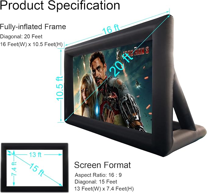 20 FT Inflatable Projector Movie Screen for Outside, Blow up Projector Screen Front/Rear Projection for Backyard Movie Night Outdoor Party