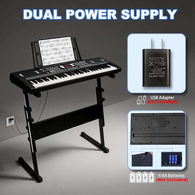 61 Key Keyboard Piano, Digital Kids Piano Keyboard with Stand, Gift for Early Education Children, Black