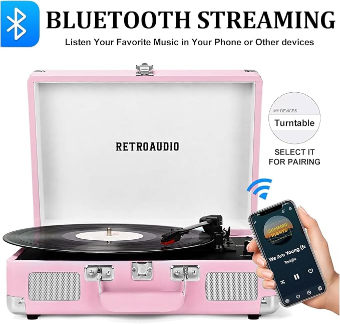 Vinyl Record Player with Built-in Speakers 3-Speed Vintage Record Player Bluetooth Portable Suitcase Turntable Belt-Driven LP Player Support RCA Output and Headphone Output (Pink)