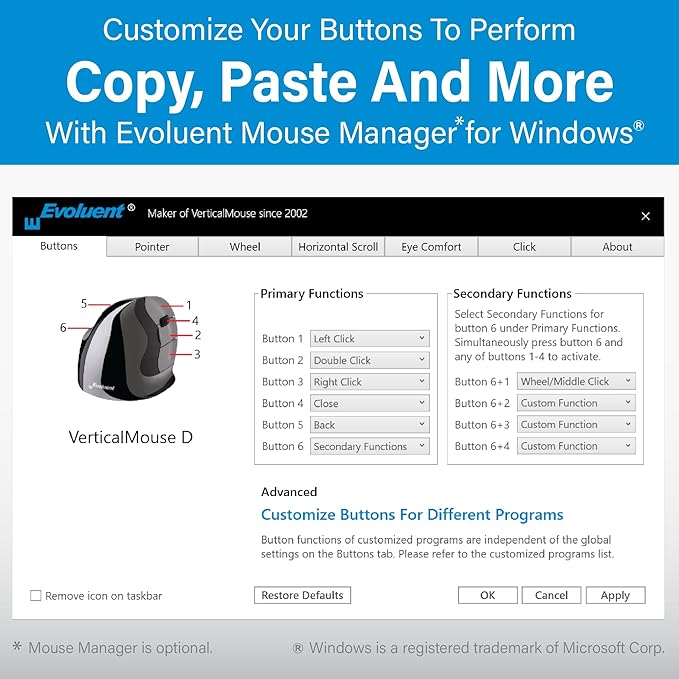 Evoluent – Inventor of The Vertical Mouse – VM4S Ergonomic Vertical Mouse Right Hand Small Wired USB, Sculpted for Comfort, Reduces Wrist Strain, 4 Speeds, 6 Customizable Buttons in Windows