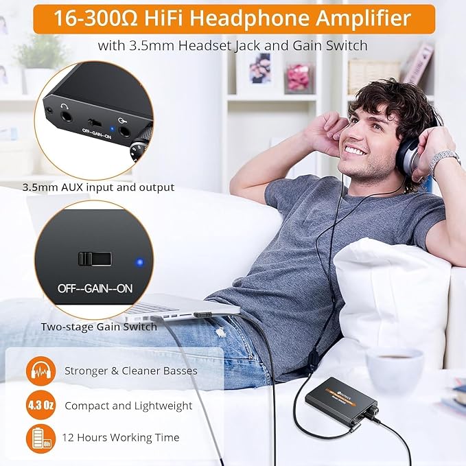 Neoteck Amplifier 16-300 Ohm Portable Headphone Amplifier,3.5mm Jack Rechargeable Headphone Amp with Volume Control,Two-Stage Gain Switch, Headset Amplifier for PC/CD/MP3/MP4 Players-Non-Bluetooth