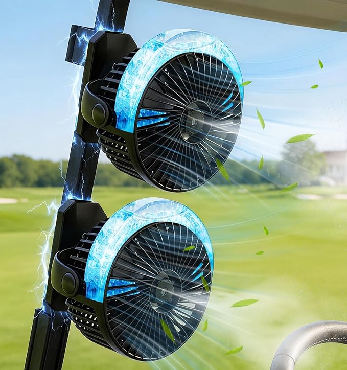 2-Pack Magnetic Golf Cart Fan, Camping Fan with Misting & LED Light, Rechargeable Portable Fan with 12000mAh Battery and Strong Magnet Base, 3-Speeds Battery Operated Fan for Golf Cart, Cruise Ship