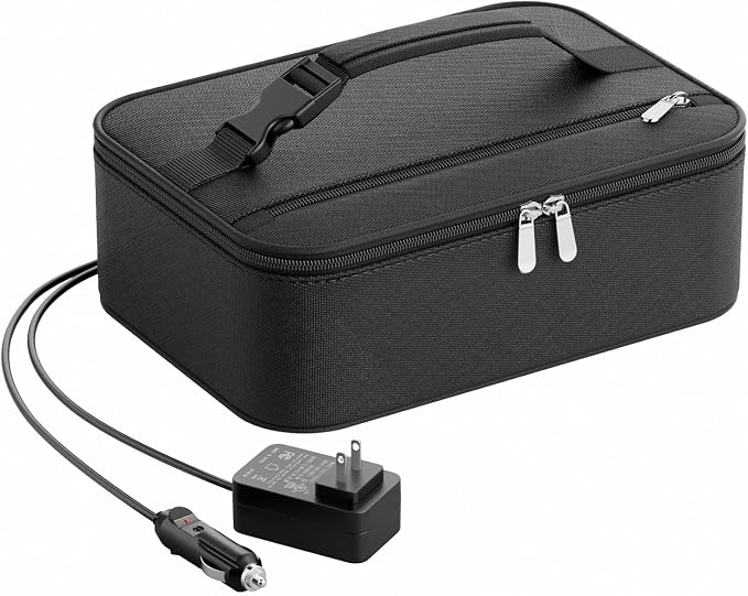 Portable Food Warmer - Heated Lunch Box for Adluts - Electric Thermal Lunch Bag with Buckle Handle, Heating Food Warmer Bags for 12V/24V Car & Truck, 110V/220V Home/Office, Black