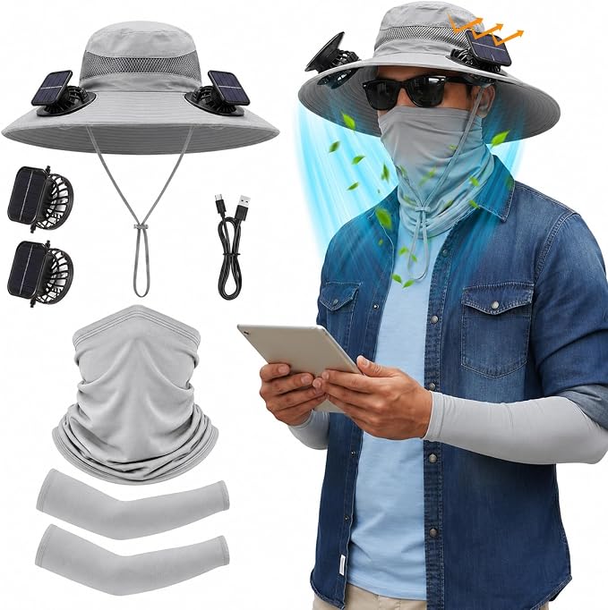 Syhood Solar Powered Fan Hat Neck Gaiter Arm Sleeves Sun Bucket Hat with Fan Cooling Wide Brim Hats for Fishing Hiking