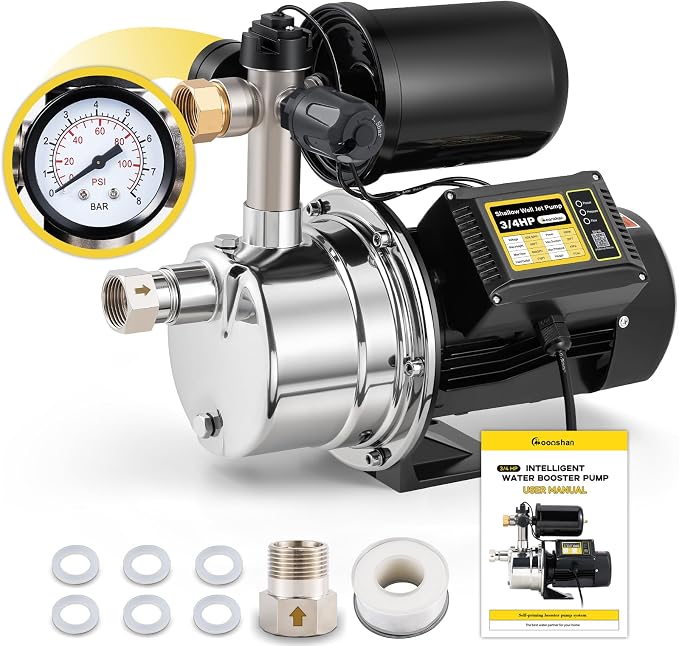 3/4 HP Water Pressure Booster Pump for Home 1050GPH Shallow Well Jet Pump with Pressure Tank Auto ON/OFF Stainless Steel Self-Priming System Pressure Switch for Whole House, Garden, Lawn