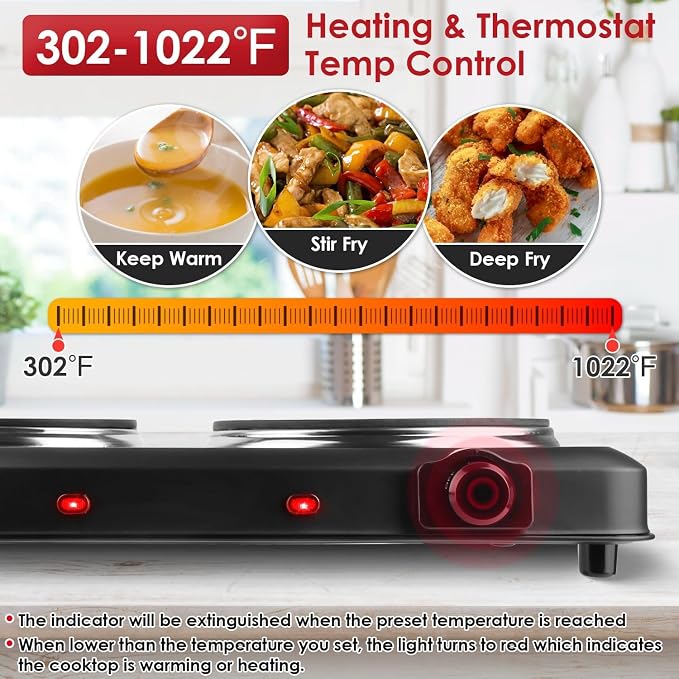 1800W Infrared Dual Burner Portable Electric Hot Plate | 7.5” & 6.3” Glass Cooktops with Stepless Temperature Control (302℉ to 1022℉) | Compact Heating Solution for Home, RV, Camping, and Dorms