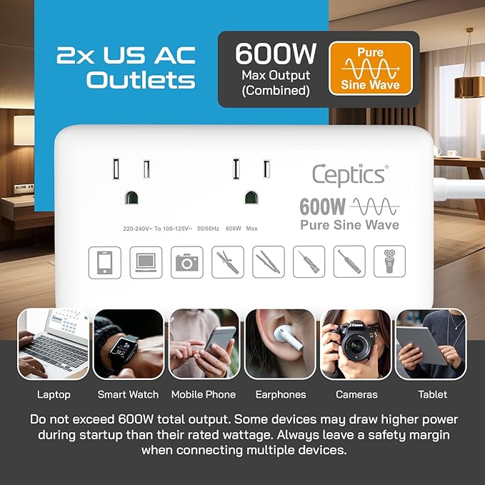 Ceptics 600W Pure Sine Wave 220v to 110v Converter, Step Down Voltage Converter us to Europe, 6 Plug attachments and 4 USB Ports (35W max), Perfect for Hair dryers, Straighteners and Curling Irons