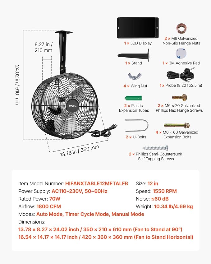 VEVOR Greenhouse Air Circulation Fan, 1800 CFM Powerful Air Circulator Electric Fan, 10 Speeds, 3 Switchable Modes, LCD Control, Ceiling Wall Mount, Fast Ventilation for Greenhouse, Patio, Garage