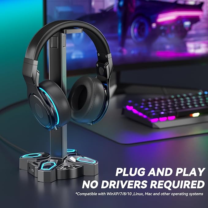 KDD Headset Controller Stand with USB A&C Charger Ports & RGB Rotatable Headphone Stand with 2 USB Charging Ports and 3.5mm