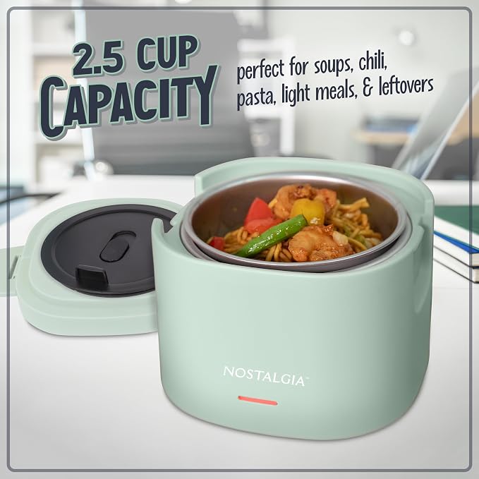 Nostalgia Portable Heated Lunch Box – 2.5-Cup Stainless Steel Food Warmer – Detachable Cord, Leak-Proof Lid, Carry Handle – Portable for Work & Travel – Sage