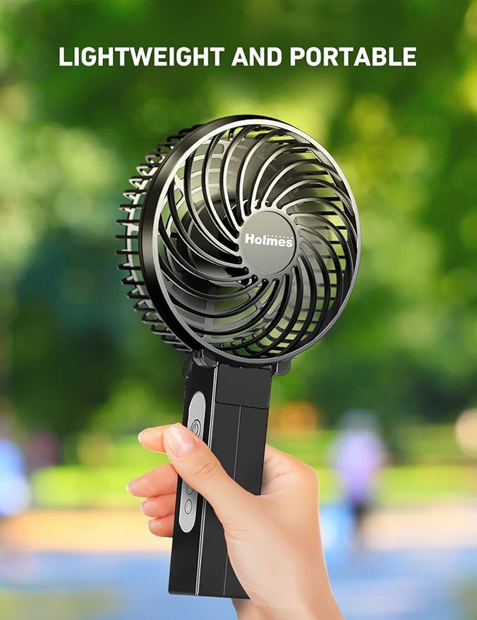 HOLMES 4" Portable, Handheld, Personal or Desk Fan, 3 Speeds, Rechargeable battery, USB-C Charging Cable, 180° Adjustable Head, Lightweight, Compact, Ideal for On-The-Go Use or Home and Office, Black