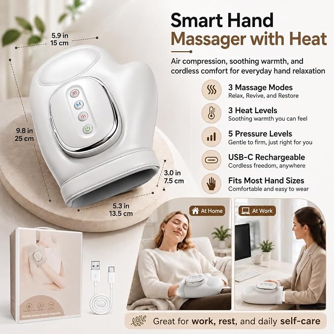 Hand Massager with Heat and Compression, Cordless Electric Hand Massager for Arthritis and Carpal Tunnel Relief, Rechargeable Hand and Wrist Massager for Home Office Travel