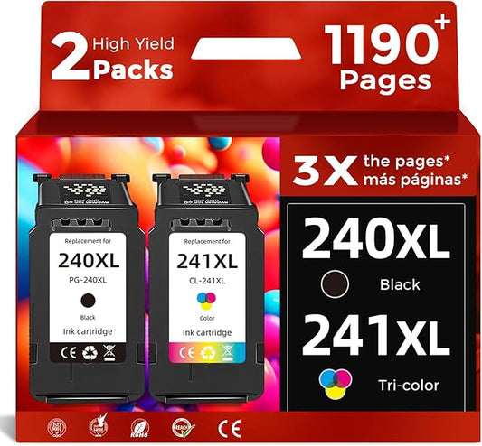 PG-240 CL-241 XL Ink Cartridge Replacement for Canon 240XL 241XL(Black Tri-Color Combo Pack) for PIXMA MG3620 MG3600 TS5100 TS5120 MX470 MG3222 MG3220 MX432 MX532 MG3520 MG3122 MX452