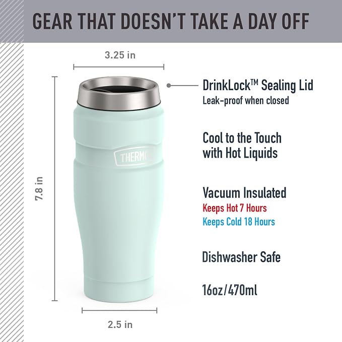 THERMOS Stainless King Vacuum-Insulated Stainless Steel Tumbler - 16oz, Matte Light Blue - Insulated Coffee Tumbler for Hot & Cold Drinks - Leak-Proof & Sweat-Proof for Commuting & Traveling