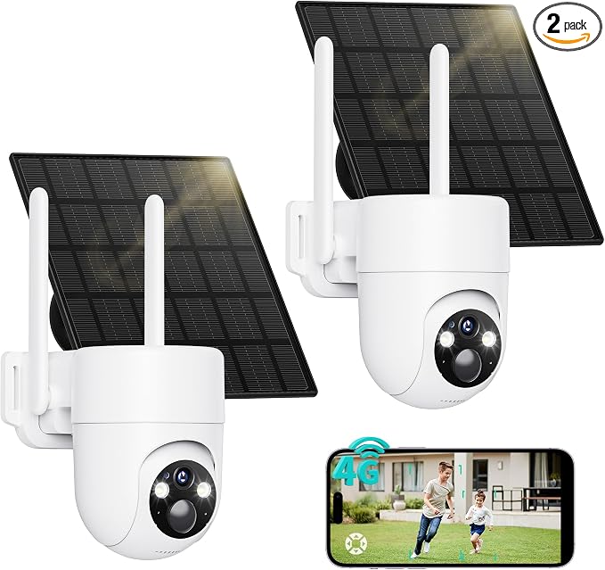 LIWAN 4G LTE Cellular Security Cameras Wireless Outdoor, 2K Off-Grid Cam | 2-Pack No WiFi Security Camera with SIM Card, Solar Powered, Color Night Vision, 360° View for Farm, Cabin, Construction Site
