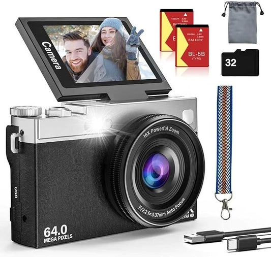 2025 New 4K Digital Camera for Photography and Vlogging, 64MP & 2.88" 180° Flip Screen Travel Cameras with 16X Zoom, 32GB SD Card, 2 Batteries, Anti-Shake, Perfect for Teens and Beginners (Black)