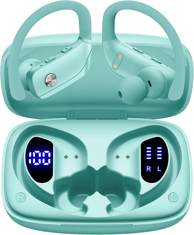 bmani Ear Buds Wireless Earbuds Bluetooth Headphones with 80H Playtime LED Display Case, Over-Ear Hook with Mic, Stereo Sound, Easy Button Controls, Sports Earphones for Running Workout Gym Mint Green