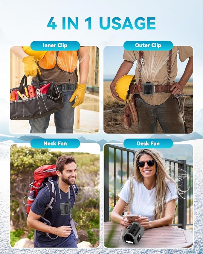 PlayHot Portable Waist Fan, 5 Speed 16600PRM Personal Fans, Rechargeable Fans up to 40H, 4 IN 1 Clip on Fan/Neck Fan/Desk Fan/LED Flashlight, Belt Fans for Camping, Outdoor (Grey)
