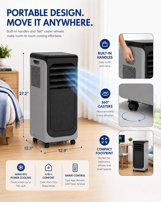 Coolblus Portable Air Conditioners 16000 BTU, Wi-Fi Smart Portable AC Unit for Room Up to 750 Sq.Ft, 3 in 1 Quiet AC with Cool/Dehumidify/Fan, Window Kit, Black-16000BTU-WIFI