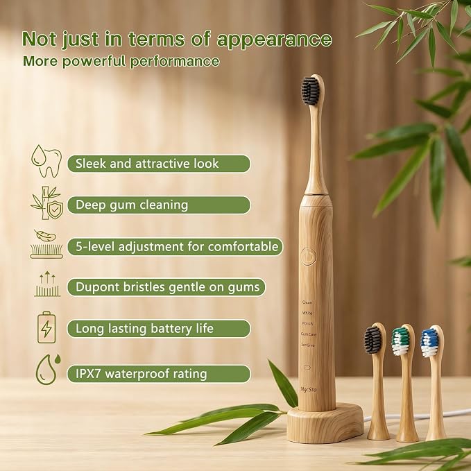 Natural Bamboo Electric Toothbrush for Adults - 4 Pack Bamboo Repalcement Brush Heads| 5 Cleaning Modes Long-Lasting Battery| PX7 Waterproof Rechargeable Toothbrush