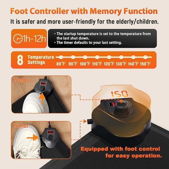 Heated Anti-Fatigue Floor Mat Under Desk - Heated Standing Mat Cushioned with Foot Warmer 17.7"x30",8 Levels Temp & 12H Timer, 1.2" Thick Comfort Foam Heating Pad for Kitchen,Office,Home,Durable