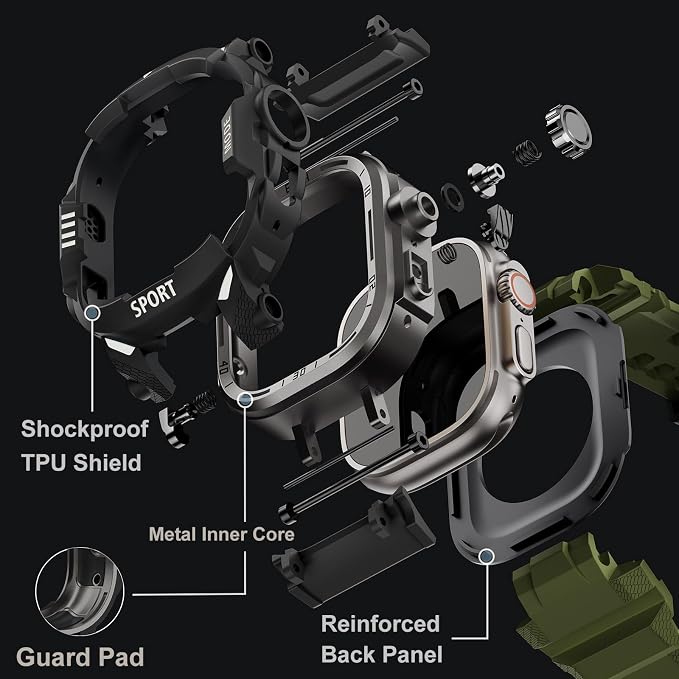 DABAOZA Rugged Case with Band Screen Protector Compatible with Apple Watch 49mm, for iWatch Ultra 3/2/1,Military Grade Shockproof Bumper and Men's Tactical Heavy Duty Strap(Army Green,49MM)