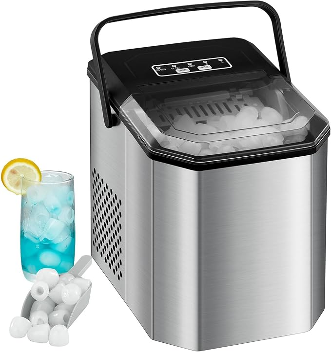 Countertop Ice Maker 26Lbs/24Hours Portable Small Ice Machine Stainless Steel Bullet Ice Machine with Scoop, Low Noise, Compact, Self-Cleaning Mini Ice Maker for Kitchen Office Camping Party