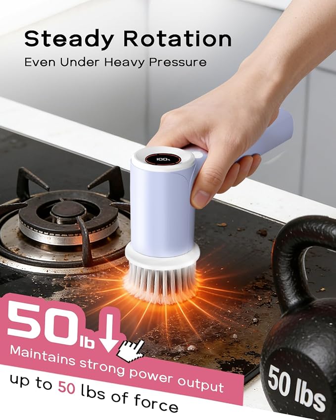 PUFTEM Shower Scrubber, Electric Spin Scrubber for Bathroom Cleaning – Cordless Shower Cleaner Brush with 6 Brush Heads, Dual-Direction Rotation for Grout, Tile, Tub, Sink & Corners, Purple