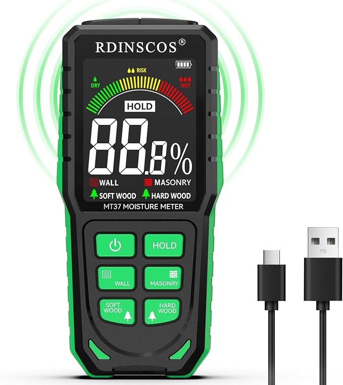 RDINSCOS Pinless Moisture Meter for Wall Digital Wood Moisture Detector | Rechargeable, Color Display, Audible Alarm, Non-Destructive, For Wall, Masonry, Wood, Building Material