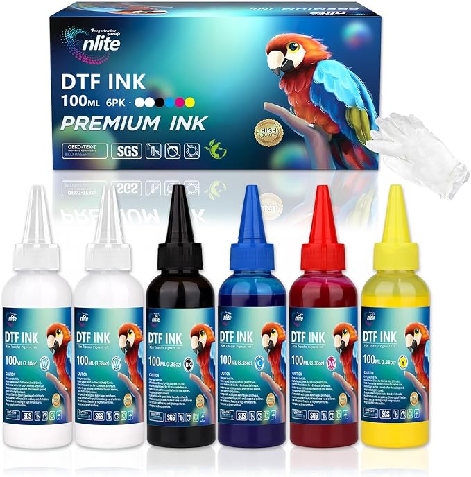Enlite DTF Ink 100ML Combo Pack, Premium Pigment Ink for PET Film Heat Transfer Printing, Refill for DTF Printer with printhead DX5 DX7 5113 XP600 I3200 4720 TX800, 2W+1B+1C+1M+1Y