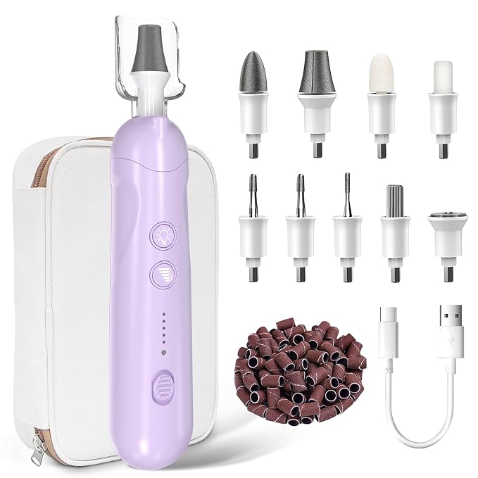 Cordless Electric Nail File Set, Rechargeable Pedicure Tools for feet, Professional Manicure Pedicure Kit 5 Speeds Hand Foot Care Nail Drill for Thick Nail Toenail Cuticle Women Men Pets, Oil-Purple