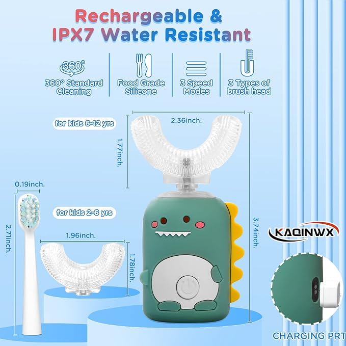 Kids U Shaped Electric Toothbrush for Age 2-12, Rechargeable Toddler Toothbrush with 60S Smart Timer, Dinosaur Design, IPX7 Waterproof & 360°Cleaning,Develop Kids' Brushing Habits