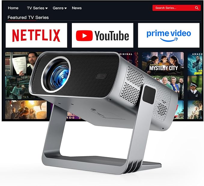 [Officially-Licensed App & Auto Focus]Light Grey Smart Mini Projector with WiFi and Bluetooth, XuanPad 4K Support Movie Projector, Portable Native 1080P Outdoor Projector with 360° Stand