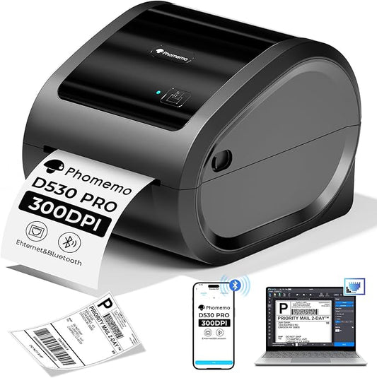 Phomemo Ethernet Thermal Label Printer 4x6, Bluetooth Shipping Label Printer for Small Business, Home, Office, 300DPI Wireless Thermal Printers Compatible with Ethernet/Bluetooth/USB, Etsy, USPS