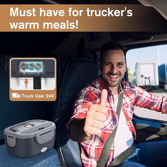 Vabaso Electric Lunch Box for Adults, 80W Heated Lunch Box with Dual 1.5L Stainless Steel Containers, Portable Food Warmer for Men Work Car Truck, 12V/24V/110V/220V - Eternal Gray