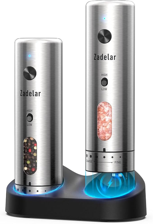 Zadelar Electric Salt and Pepper Grinder Set with Charging Base, Rechargeable Pepper Mill with 6-Level Visible Coarseness Adjustment, High/Low Variable Speeds, Stainless Steel, One-Handed Operation